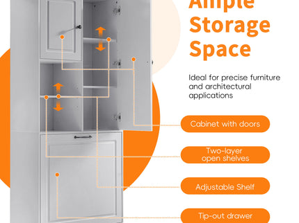 Modern Tall Storage Cabinet With Adjustable Shelves, Flip-Out Basket & Enclosed Doors