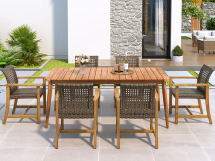 7 Piece Patio Dining Set, Slatted Table & 6 Chairs For Patio Garden - Mocha / Teak