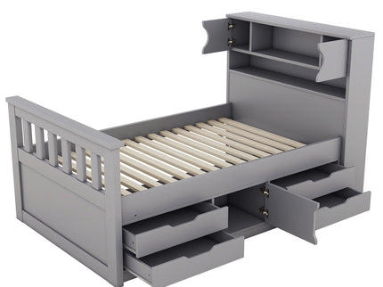 Captain Platform Bed Frame With Storage Bookcases, Shelves, And 4 Drawers