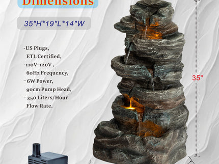 6 Tier Cascading Stone Water Fountain With LED Lights - Gray