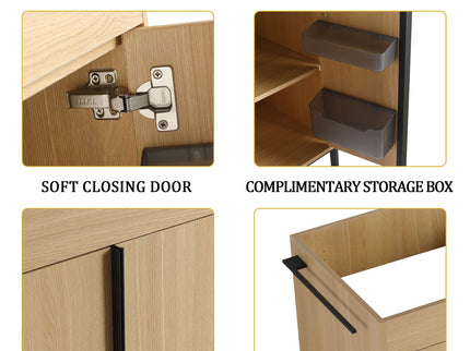 58" Freestanding Bathroom Cabinet With 4 Soft Close Doors & 3 Open Racks (Vanity Only, No Sink) - Oak