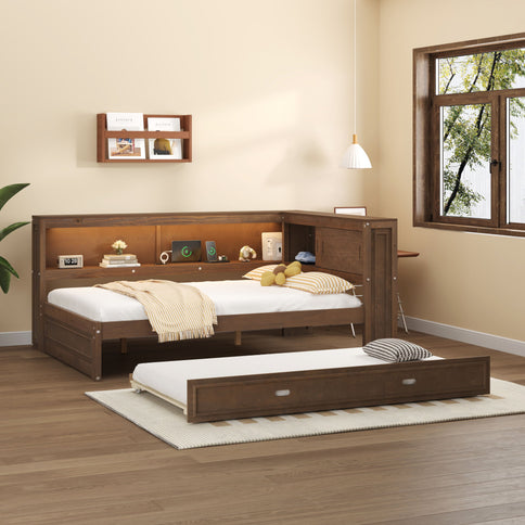 Daybed With Storage Shelves, LED, USB, And Trundle