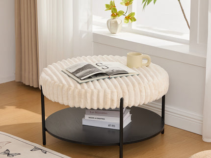 Modern Upholstered Round Ottoman Coffee Table With Storage Shelf