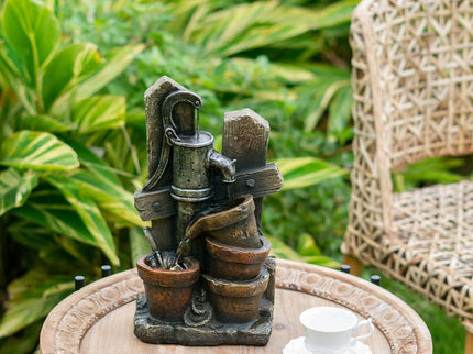 Water Fountain With Antique Water Pump Design And LED Light - Brown / Gray
