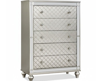 5 Drawer Bedroom Chest With Diamond Patterned Fronts - Silver