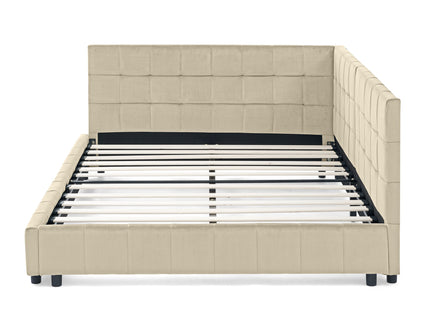 Mid-Century Storage Upholstered Tufted Bed Frame With Backrest And Armrests