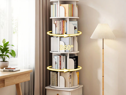 Rotating Bookshelf With Wheels And Drawer, 360° Spinning Design, Space Saving Storage