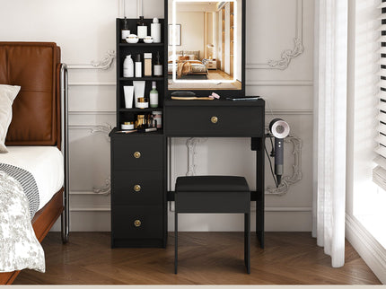 Vanity Desk With 3 LED Lighting Modes, 4 Drawers, Open Shelves, Hair Dryer Holder & Power Socket Dressing Table Set With Chair - Black