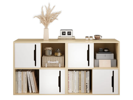 Storage Cabinet With Sliding Doors, 2 Tier Open And Closed Shelves Organizer - Natural / White
