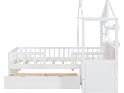 House Bed With Sofa, Kids Platform Bed With 2 Drawers And Storage Shelf