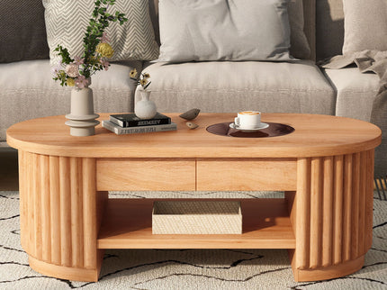 Fluted Oval Coffee Table With Drawers, 2 Tier Cocktail Table