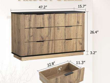 Modern 6 Drawer Cabinet With Metal Rounded Corners And Exquisite Handles Multi Functional Storage - Natural Wood
