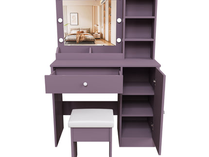 Vanity Desk Set With Padded Stool And Adjustable LED Mirror, 3 Color Light Modes - Purple