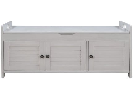 Storage Bench With 3 Shutter-Shaped Doors, Shoe Bench With Removable Cushion And Hidden Storage Space