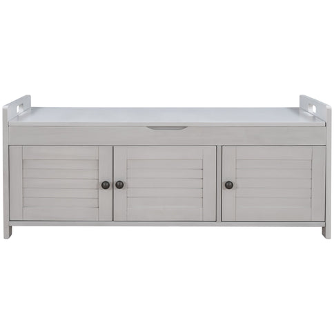 Storage Bench With 3 Shutter-Shaped Doors, Shoe Bench With Removable Cushion And Hidden Storage Space