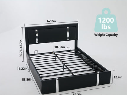 Upholstered Platform Bed Frame With Adjustable LED Headboard, USB C-Charging, Hydraulic Lift