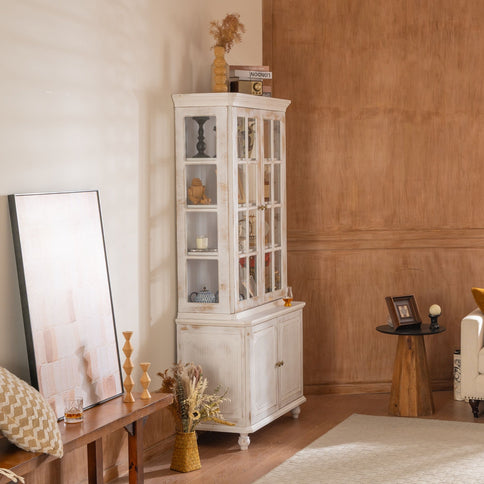 Vintage Display Cabinet With Double Glass Doors, Traditional Style Hutch For Home Or Workspace Washed - White Washed