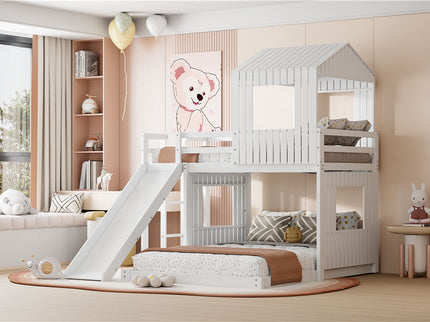 Loft Bunk Bed With Playhouse, Farmhouse, Ladder, Slide And Guardrails
