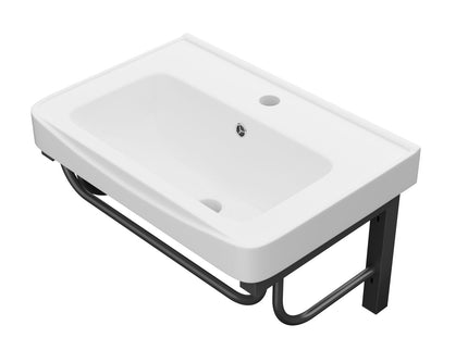 Wall Mounted Rectangular Bathroom Sink With 304 Stainless Steel Towel Bar & Overflow - White