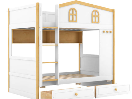 Twin Over Twin Bunk Bed With House Shaped Guardrails, Storage Shelves & Drawers - White / Natural