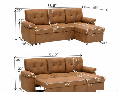 Convertible L - Sectional Sofa Bed With Storage Chaise And Padded Armrests