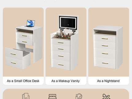 Compact 3 In 1 Vanity Desk With Open Top Mirror, Glass Desktop, 5 Height - White