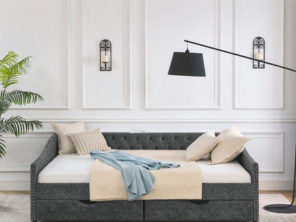 Queen Size Upholstered Daybed With Tufted Back And Nail Trimmed Waved Arms - Gray