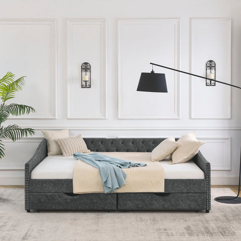 Upholstered Tufted Daybed With Drawers, Waved Arms