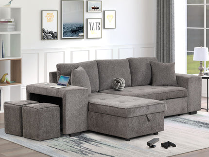 Modern L-Shape 3 Seat Reversible Sectional Couch, Pull Out Sleeper Sofa With Storage Chaise And 2 Stools For Living Room Furniture Set
