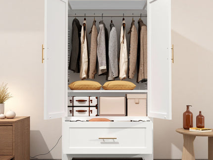 Wardrobe Cabinet With 1 Drawer And Hanging Rod, 2 Doors Closet With Shelf For Bedroom - White
