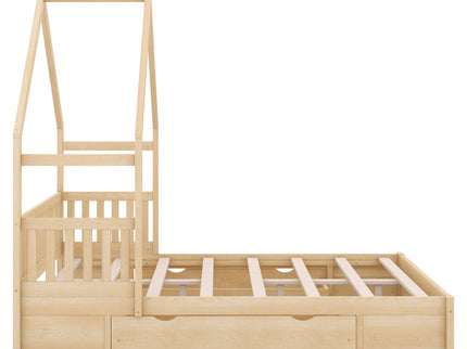 House Style Platform Bed With Guardrail And 2 Drawers