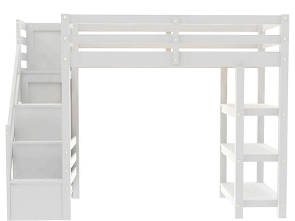 Loft Bed With 4 Layer Shelves, Storage Staircase, Small Wardrobe And LED Light