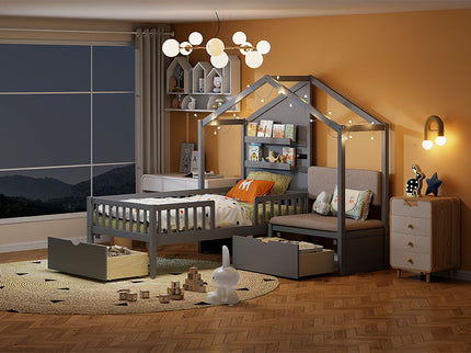 House Bed With Upholstered Sofa, Wireless Charging Station, Shelves And 2 Drawers