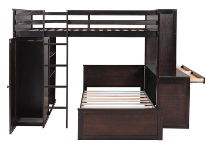 Loft Bed With A Twin Size Standalone Bed, Shelves, Desk, And Wardrobe