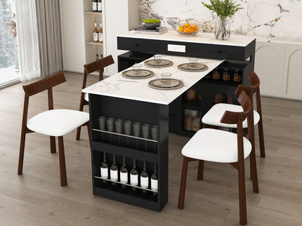 Retro Kitchen Island Set With Chairs, Extendable & Rotating Table, 4 Drawers & Door Cabinets