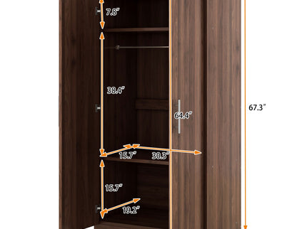 2 Door Wooden Wardrobe Armoire With 3 Storage Shelves - Brown
