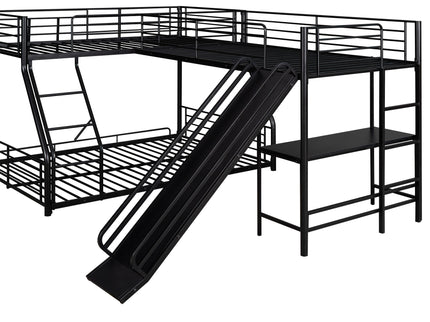 L-Shaped Twin Over Full Bunk Bed With Twin Loft, Built In Desk And Slide - Black
