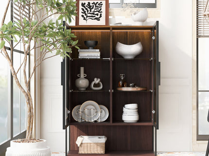 Modern Minimalist Tall Lighted Display Cabinet With Tempered Glass Door - Black / Dark Walnut
