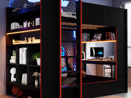 Full Size Gaming Bunk Bed With Desk, Storage Shelves, LED And Charging Station - Black