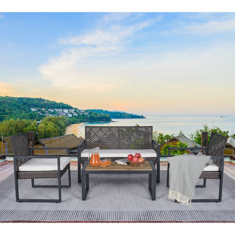 4 Piece Patio Furniture Set With Acacia Wood Table Top And Cushions
