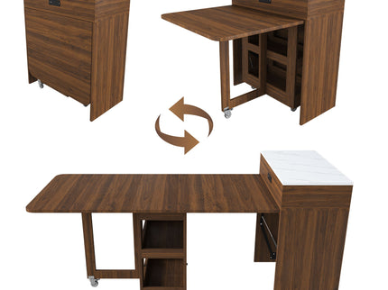 Extendable Dining Table With Power Socket, Lockable Casters, Storage Cabinet
