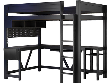 Gaming Loft Bed With Desk, Storage Shelves, LED And Charging Station