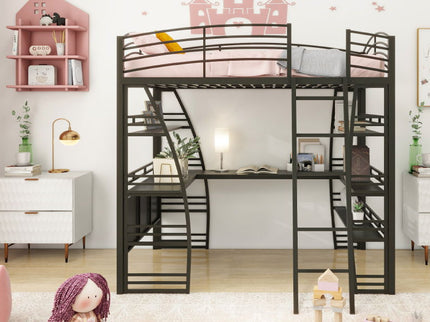 Loft Bed With 4 Layers Of Shelves And L-Shaped Desk, Stylish Metal Frame Bed With A Set Of Sockets, USB Ports And And Wireless Charging