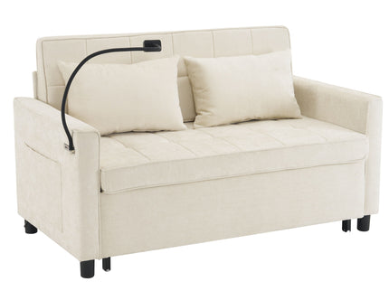 Pull-Out Sleeper Sofa With Reversible Backrest Cushion, Side Pockets, 2 USB Ports And A Phone Holder For Living Room