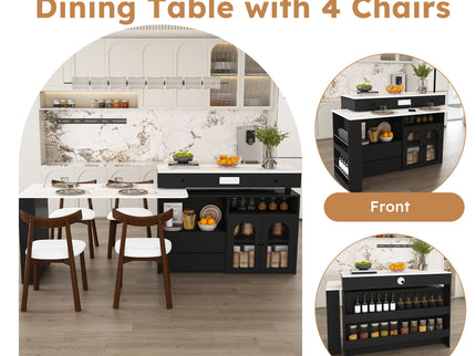 Retro Kitchen Island Set With Chairs, Extendable & Rotating Table, 4 Drawers & Door Cabinets