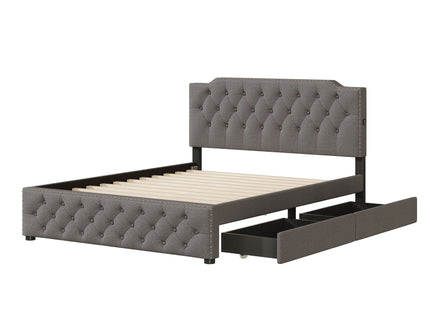 Upholstered Platform Bed With 2 Drawers And 2 Sets Of USB Ports On Each Side, Fabric