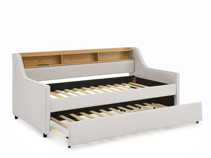 Upholstered Sofa Bed With LED Lights, Storage Headboard, Foldable Trundle & Wireless Charging