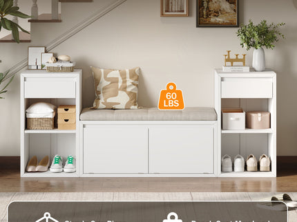 Entryway Storage Bench With Cushion, Drawers & Open Shelves