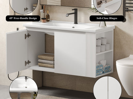 Wall Mounted Bathroom Vanity With Sink, 2 Open Shelves - White