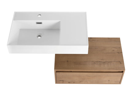 Modern Wall Mounted Bathroom Vanity With Resin Sink And Side Cabinet, Soft Close Drawer, Imitative - Imitative Oak